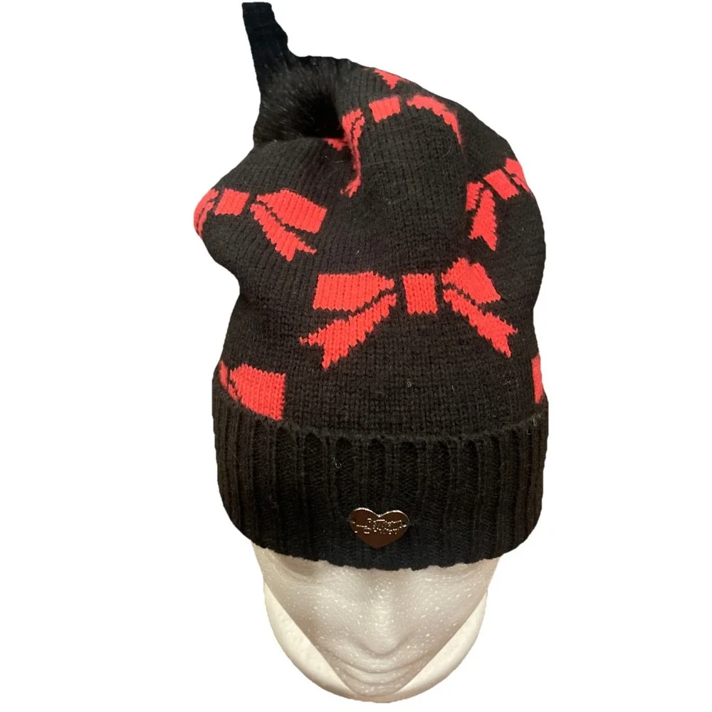Betsey‎ Johnson Beanie Gorpcore Whimsigoth Pink Black Bows Knit Hat Pom Pom